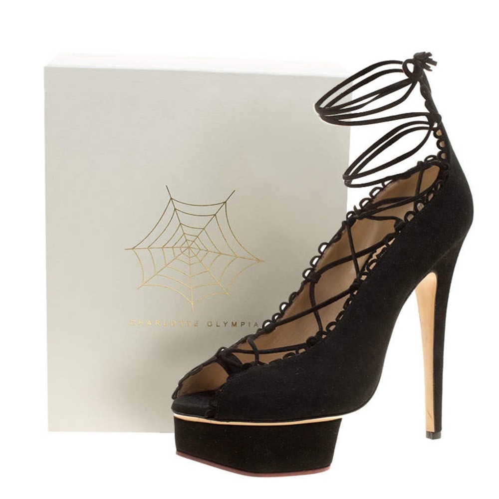 Charlotte Olympia Black Suede Lace-Up Platform Heels Gladys 38 Gladiator Pumps
